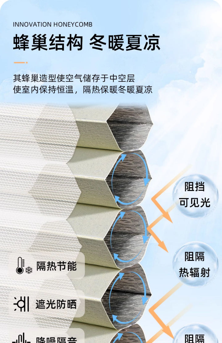 Day and Night Honeycomb Curtains for Bedrooms, Punch-Free Honeycomb Sunshades, Push-Pull Blackout Invisible Folding Embedded Blinds