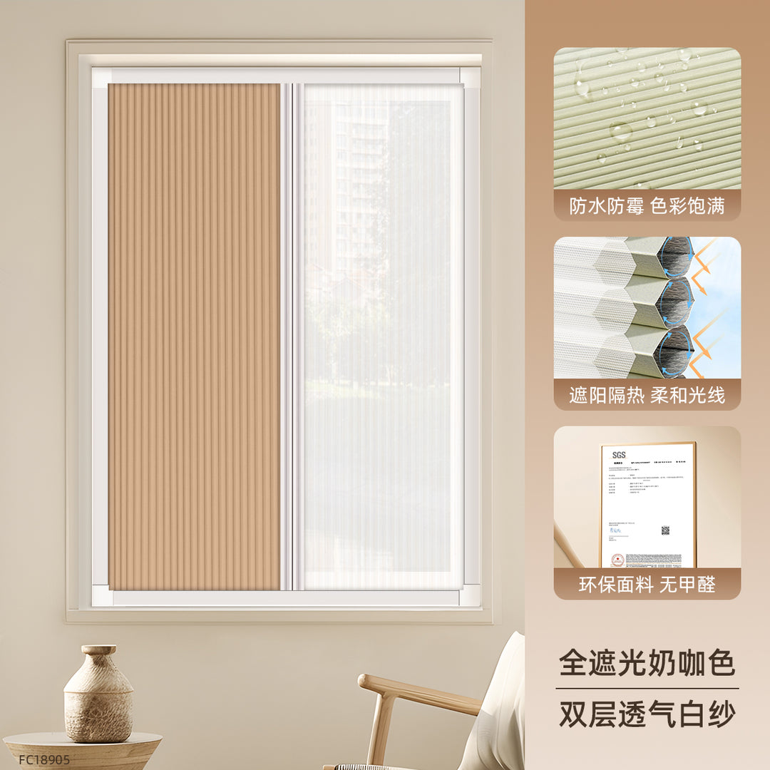 Day and Night Honeycomb Curtains for Bedrooms, Punch-Free Honeycomb Sunshades, Push-Pull Blackout Invisible Folding Embedded Blinds